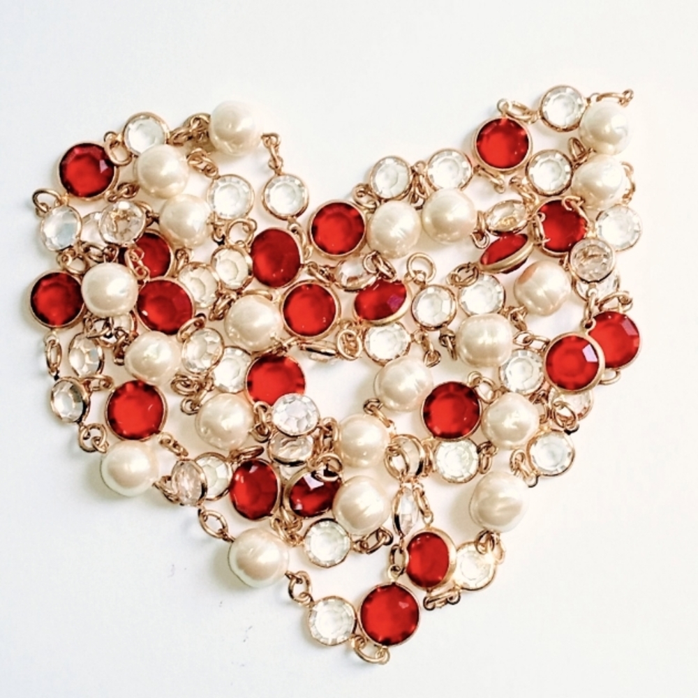 Vintage Chanel 1981 Red & Clear Bezel Set Crystal Gripoix Pearl Sautoir Necklace